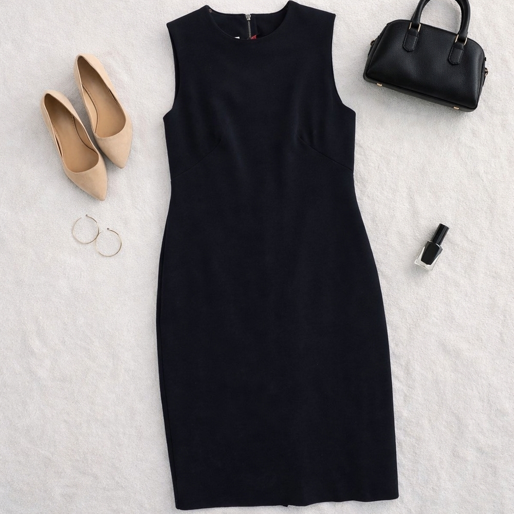 SPANKS Perfect Sheath Dress Sleeveless Black Shapely Zip Back Dress Ladies Small